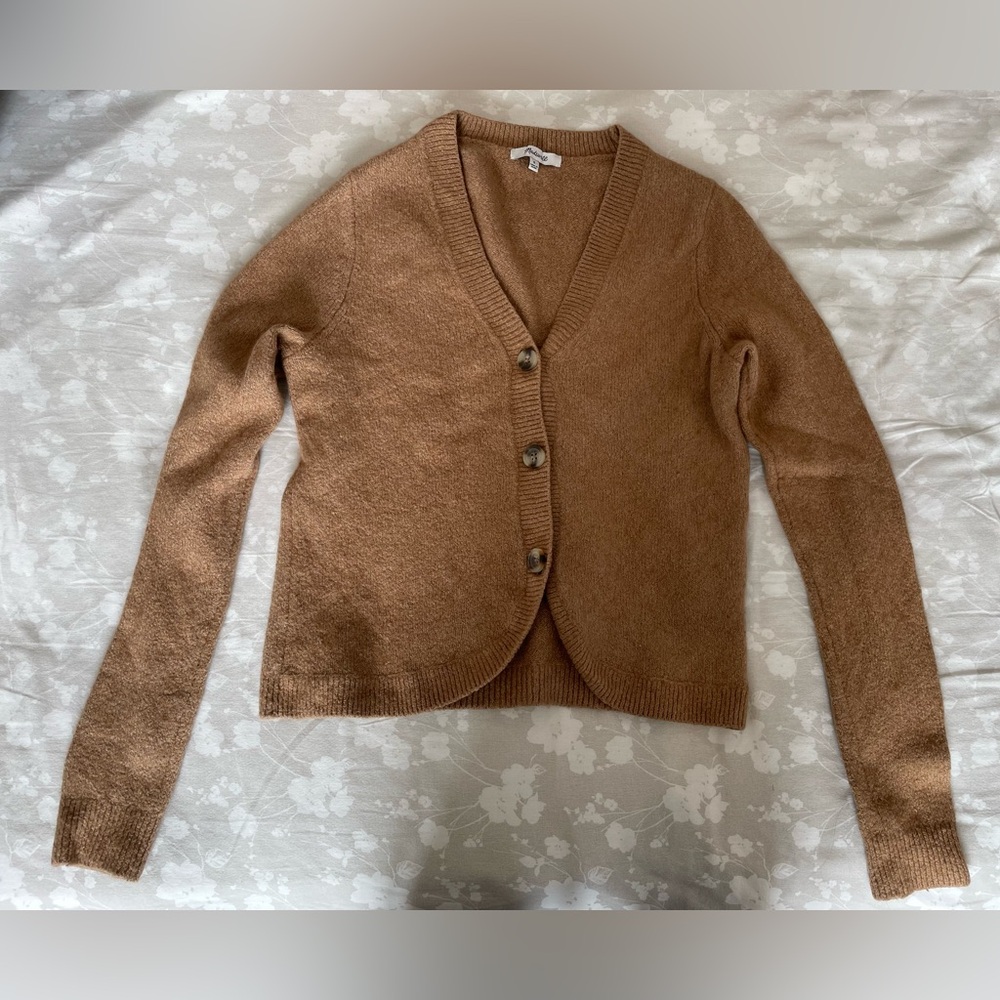 Madewell Haskell Crop Cardigan Sweater S Brown Tan Soft Yarn V-Neck Wool Blend